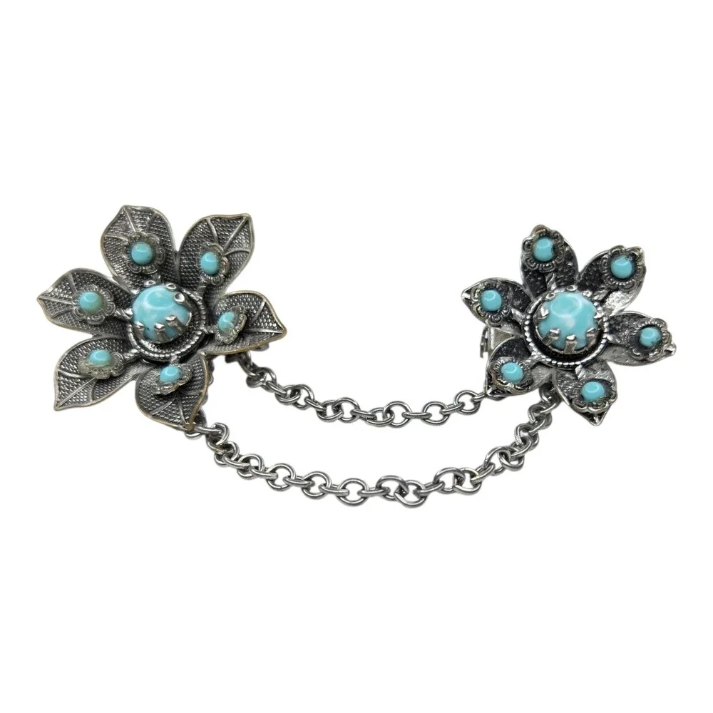 Vintage Collar Chain Brooch Silver Tone Blue Floral Southwestern Western